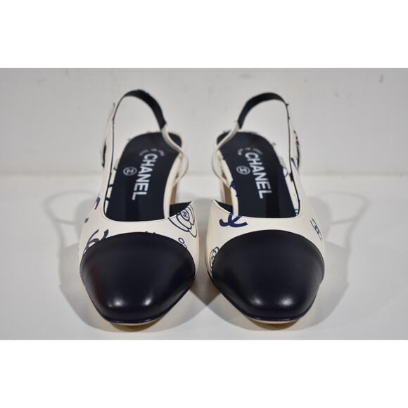 Chanel 23P Mademoiselle Coco Sling White Blue CC Logo Slingback Sandal Heel 40 - Picture 5 of 10